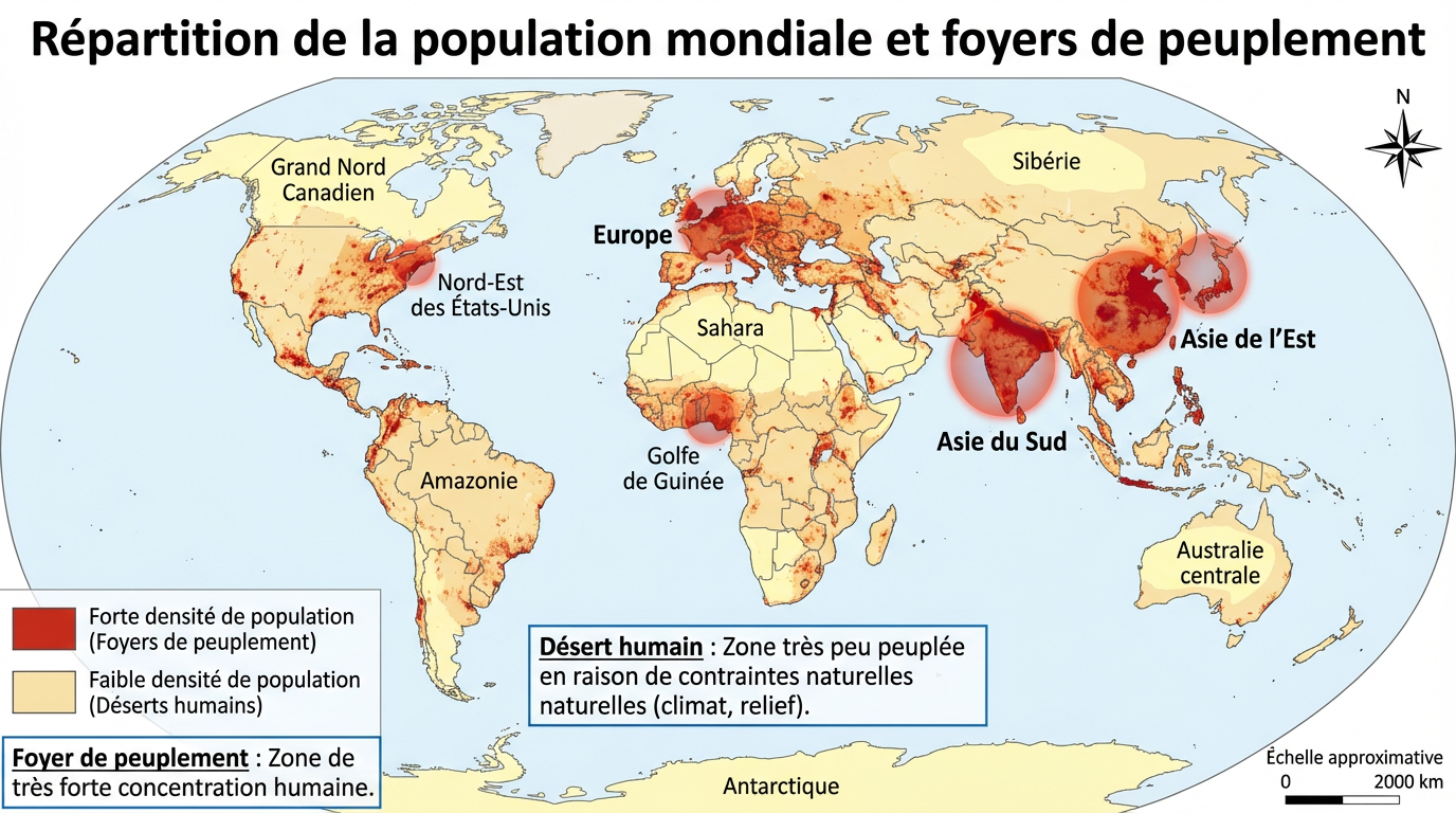 Répartition de la population mondiale et foyers de peuplement